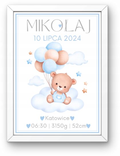 Metryczka dla Chłopca z Ramką – Miś z Balonami na Chmurce