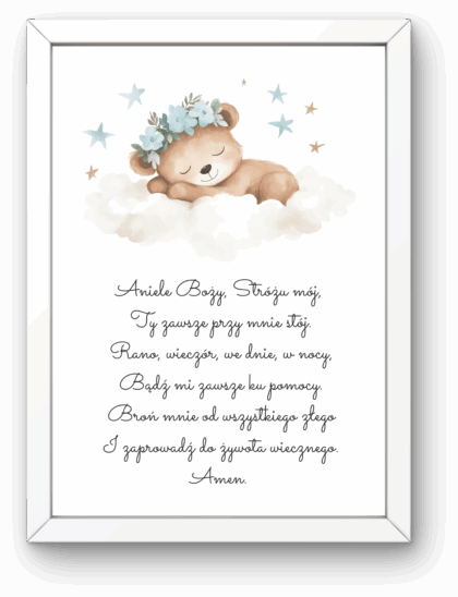 Plakat z Modlitwą „Aniele Boży” z Ramką – Miś na Chmurce Błękitny