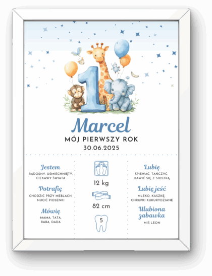 Metryczka na Roczek z Ramką Niebieska – „Mój Pierwszy Rok”