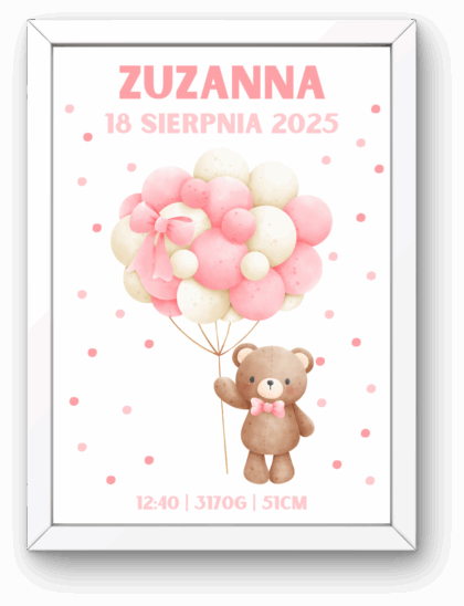 Metryczka dla Dziewczynki z Ramką – Miś z Balonami Kropeczki