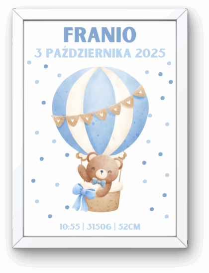 Metryczka dla Chłopca z Ramką - Miś w Balonie Kropeczki