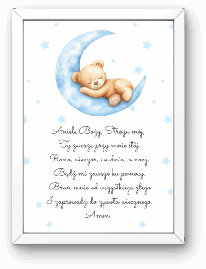 Plakat z Modlitwą „Aniele Boży” A4 w Ramce – Miś na Niebieskim Księżycu