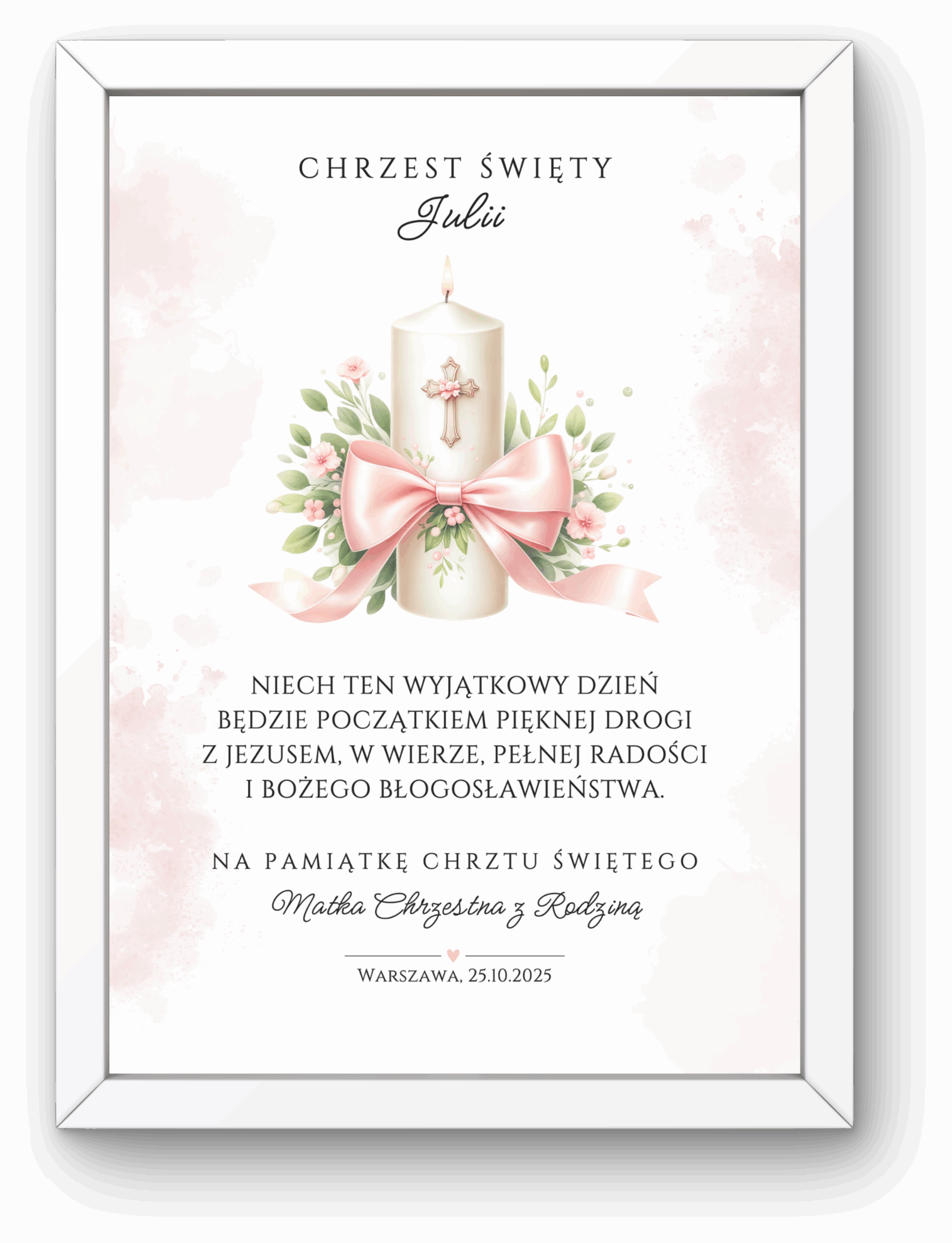 Pamiątka Chrztu Świętego A4 w Ramce – Różowa Świeca