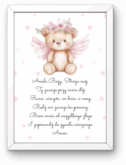 Plakat z Modlitwą „Aniele Boży” – Miś Różowy Aniołek