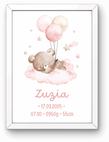 Metryczka dla Dziewczynki z Ramką – Śpiący Miś na Chmurce z Balonami