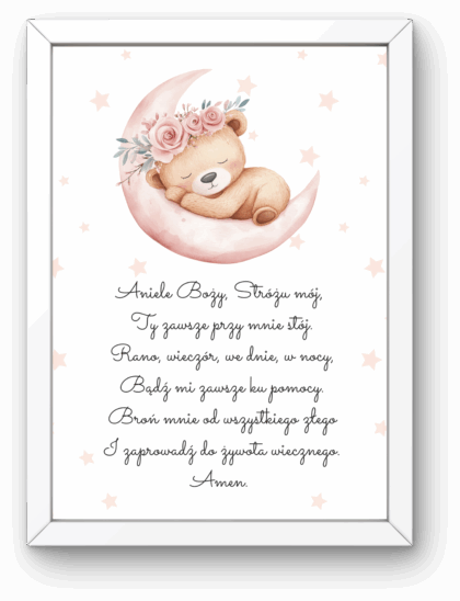 Plakat z Modlitwą „Aniele Boży” A4 w Ramce – Miś na Różowym Księżycu