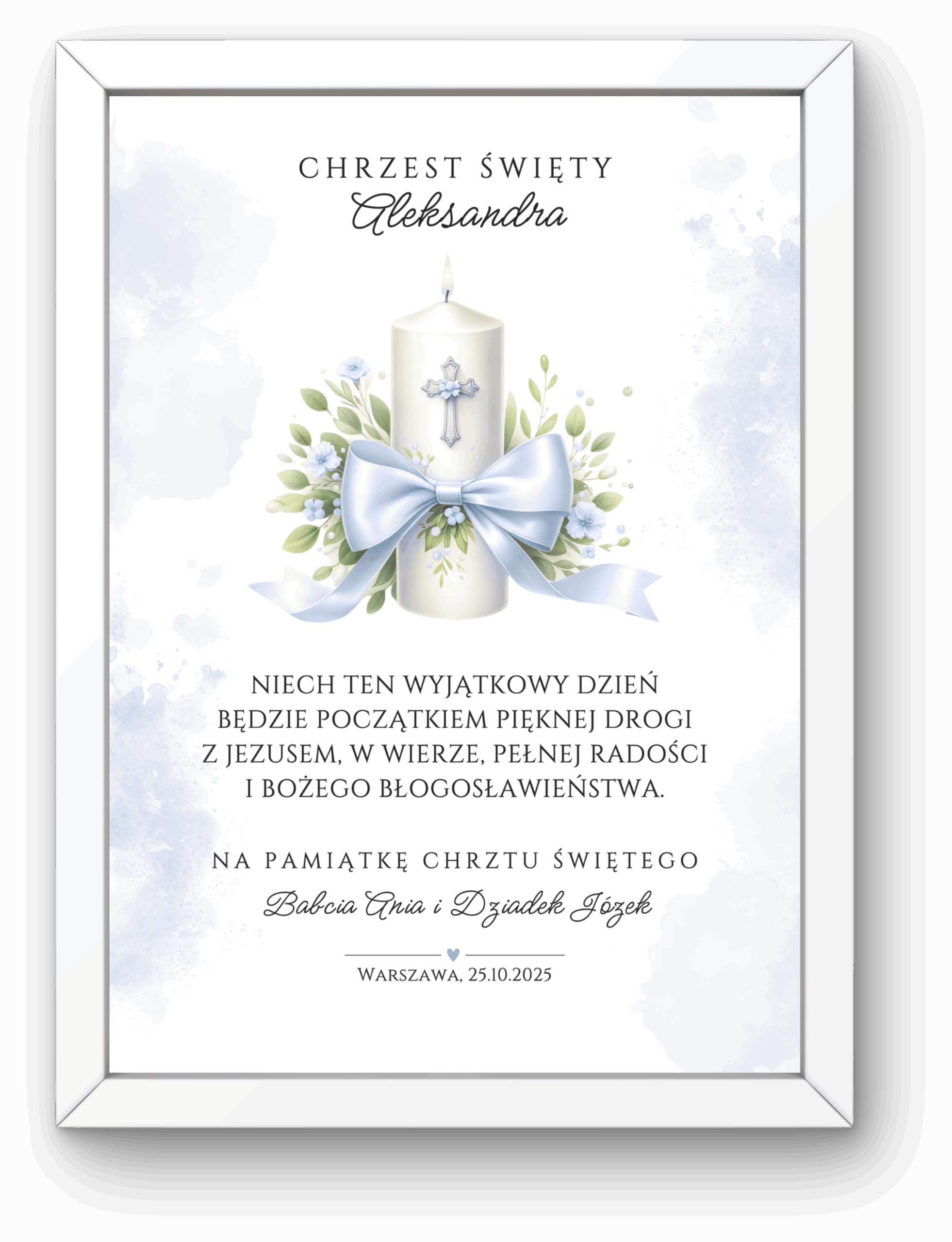 Pamiątka Chrztu Świętego A4 w Ramce – Niebieska Świeca