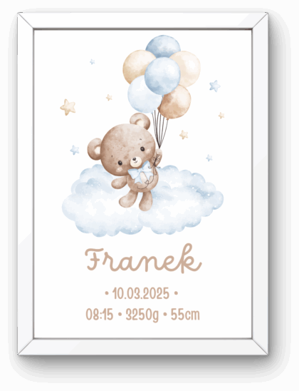 Metryczka dla Chłopca z Ramką – Miś na Chmurce z Balonami