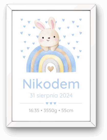 Metryczka dla Chłopca z Ramką – Króliczek i Tęcza