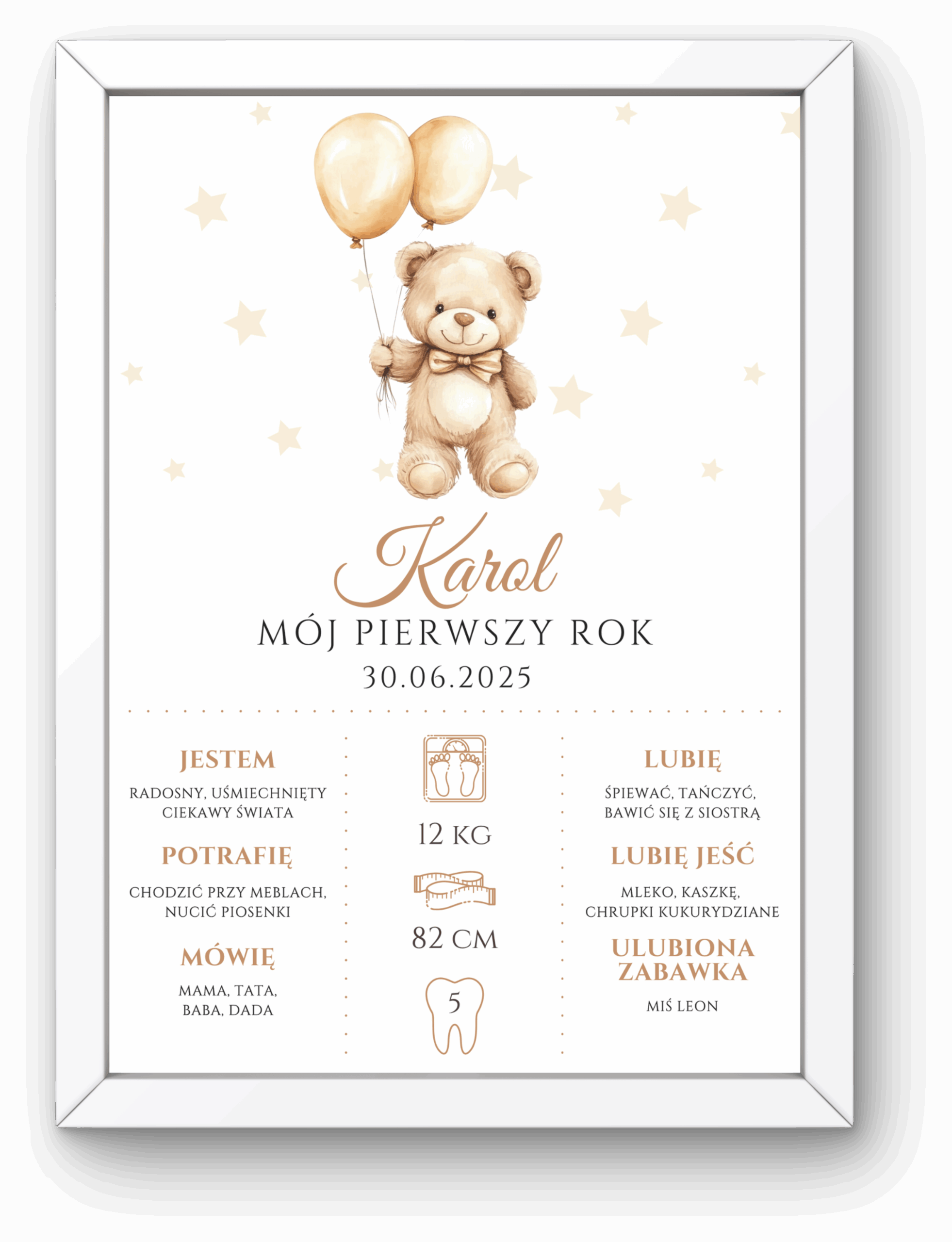 Plakat „MÓJ PIERWSZY ROK” A4 z Ramką - Beżowy Miś z Balonami