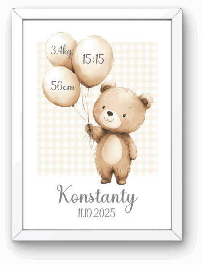 Metryczka dla Chłopca z Ramką – Miś z Balonami Żółta Kratka