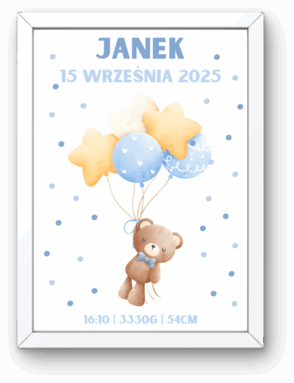 Metryczka dla Chłopca z Ramką – Miś z Balonami Kropeczki