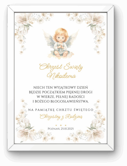 Pamiątka Chrztu Świętego A4 w Ramce – Aniołek Motyw Kwiatowy