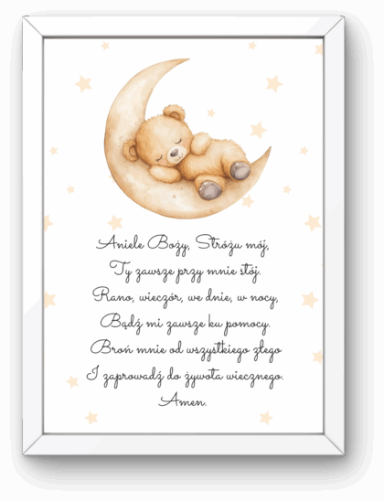 Plakat z Modlitwą „Aniele Boży” A4 w Ramce – Miś na Beżowym Księżycu