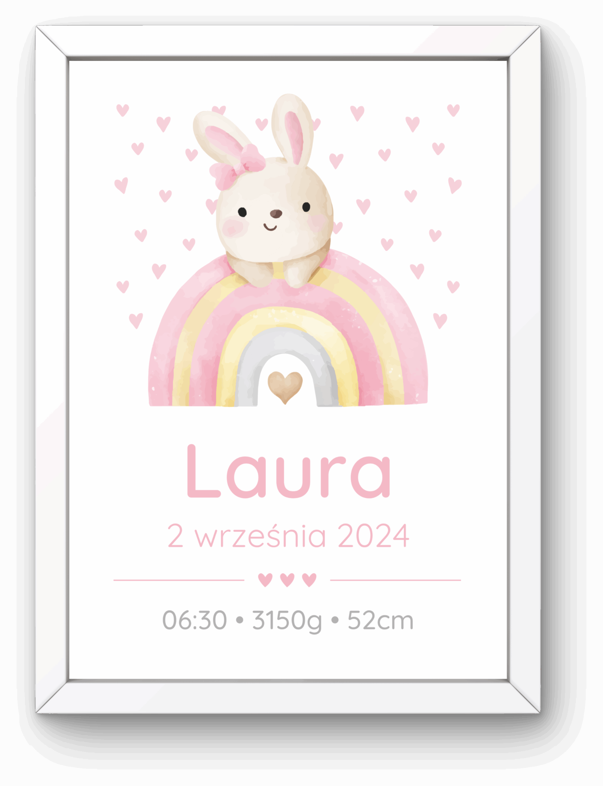 Metryczka dla Dziewczynki z Ramką – Króliczek i Tęcza