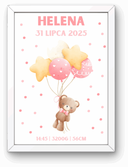 Metryczka dla Dziewczynki z Ramką – Miś z Balonami Gwiazdki i Serduszka