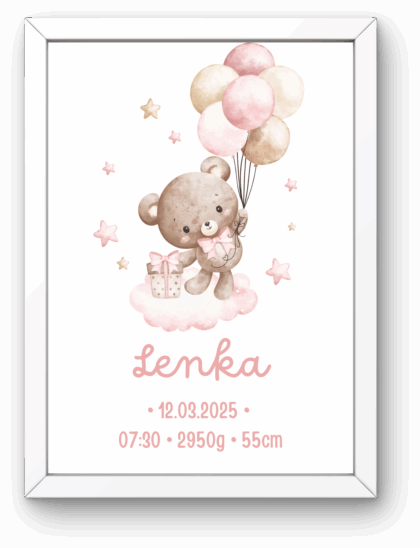 Metryczka dla Dziewczynki z Ramką – Miś z Balonami i Prezentem
