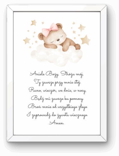 Plakat z Modlitwą „Aniele Boży” z Ramką – Miś na Chmurce Różowy