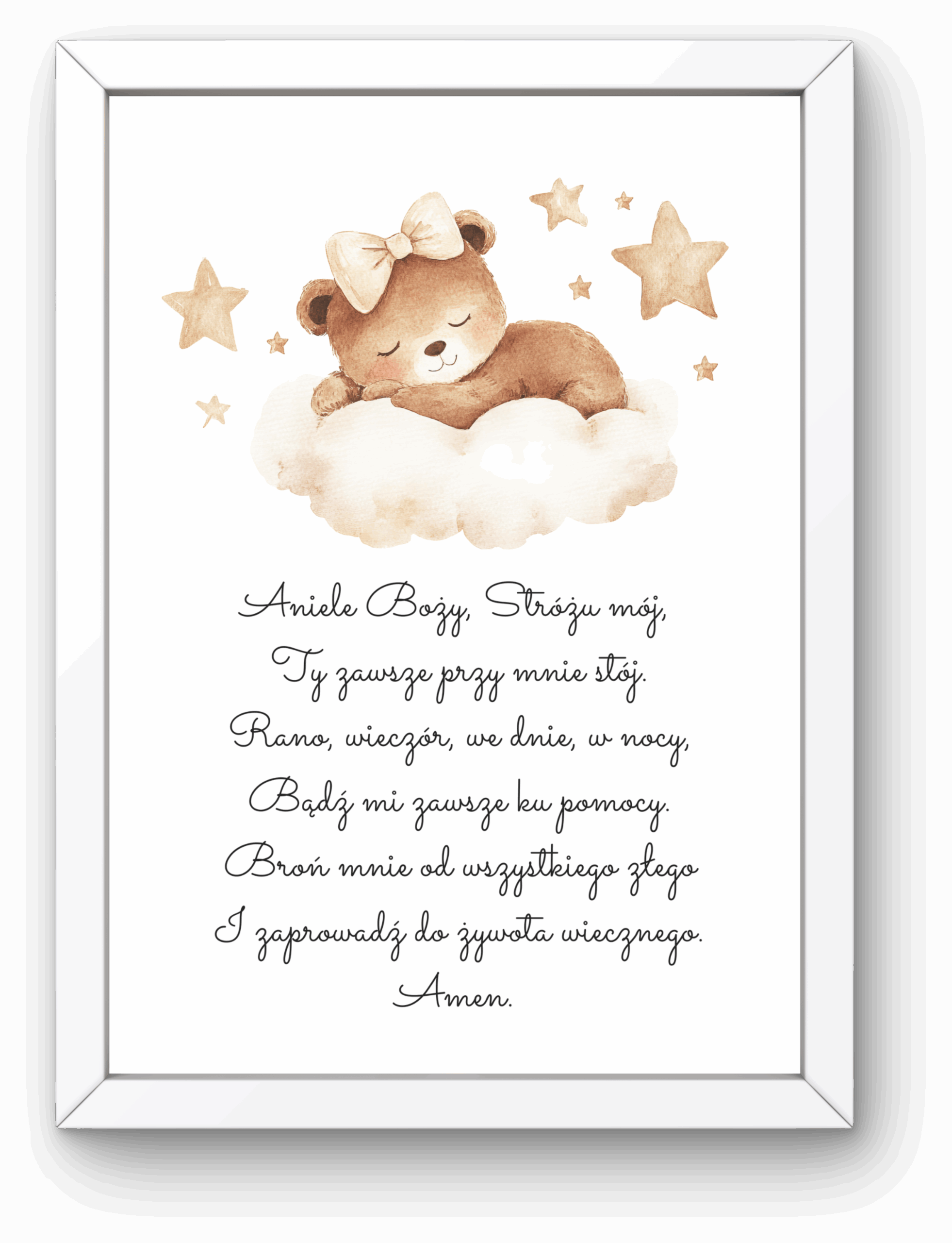 Plakat z Modlitwą „Aniele Boży” z Ramką – Miś na Chmurce Beżowy