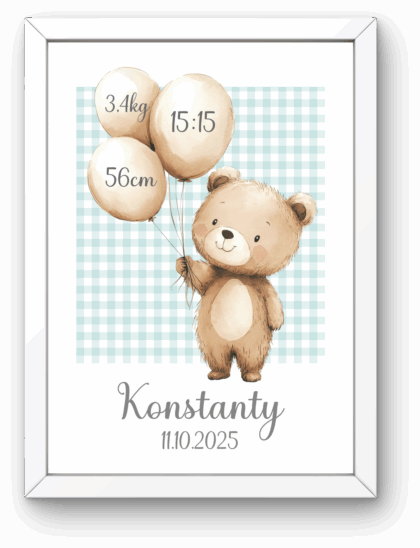 Metryczka dla Chłopca z Ramką – Miś z Balonami Błękitna Kratka