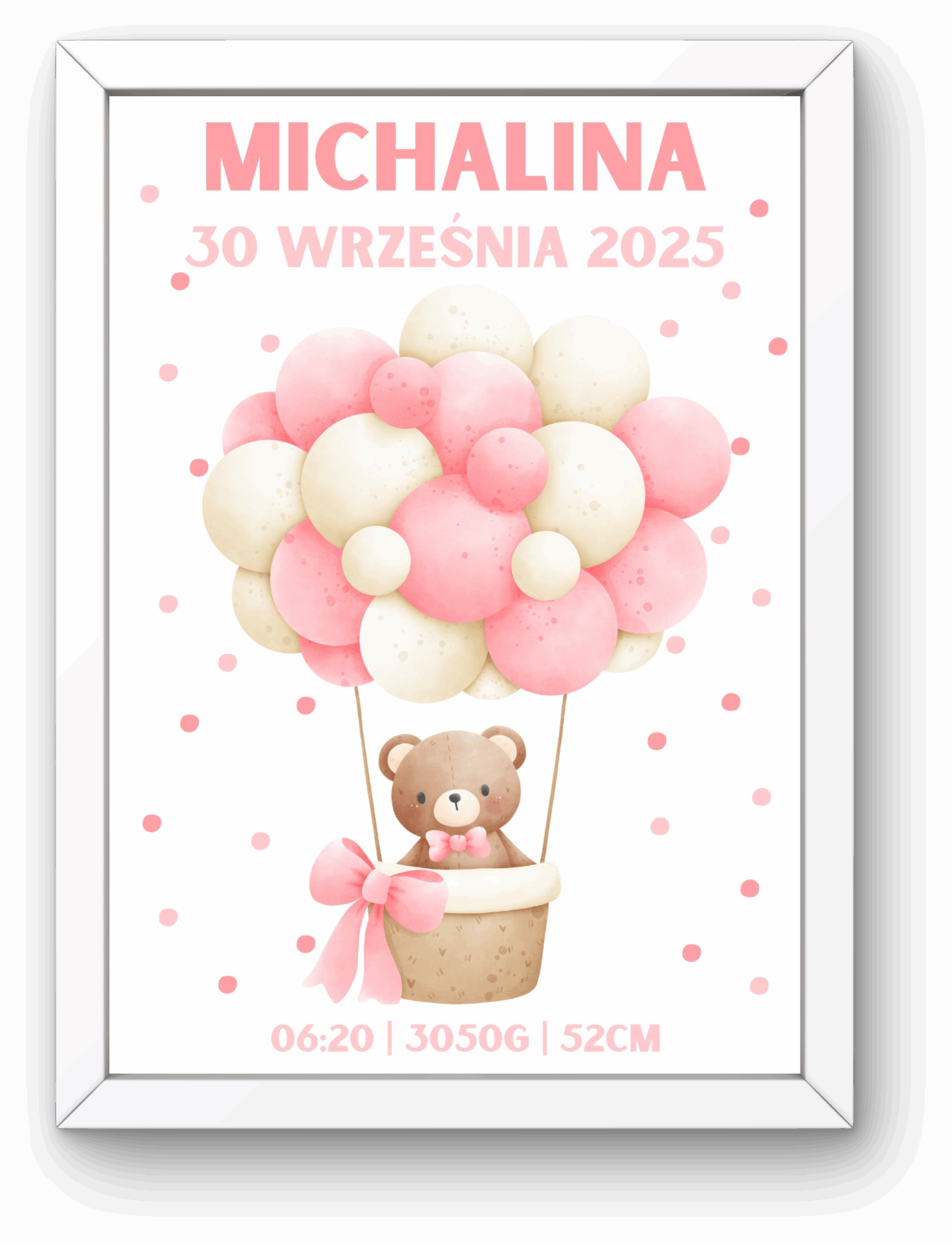 Metryczka dla Dziewczynki z Ramką - Miś w Balonie Kropeczki