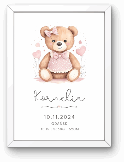 Metryczka dla Dziewczynki z Ramką – Miś w Różowej Sukience