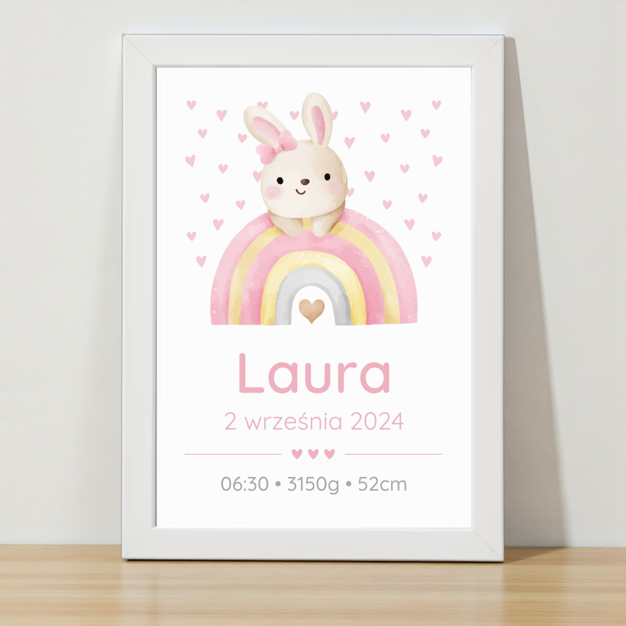 Metryczka dla Dziewczynki z Ramką – Króliczek i Tęcza - obrazek 4