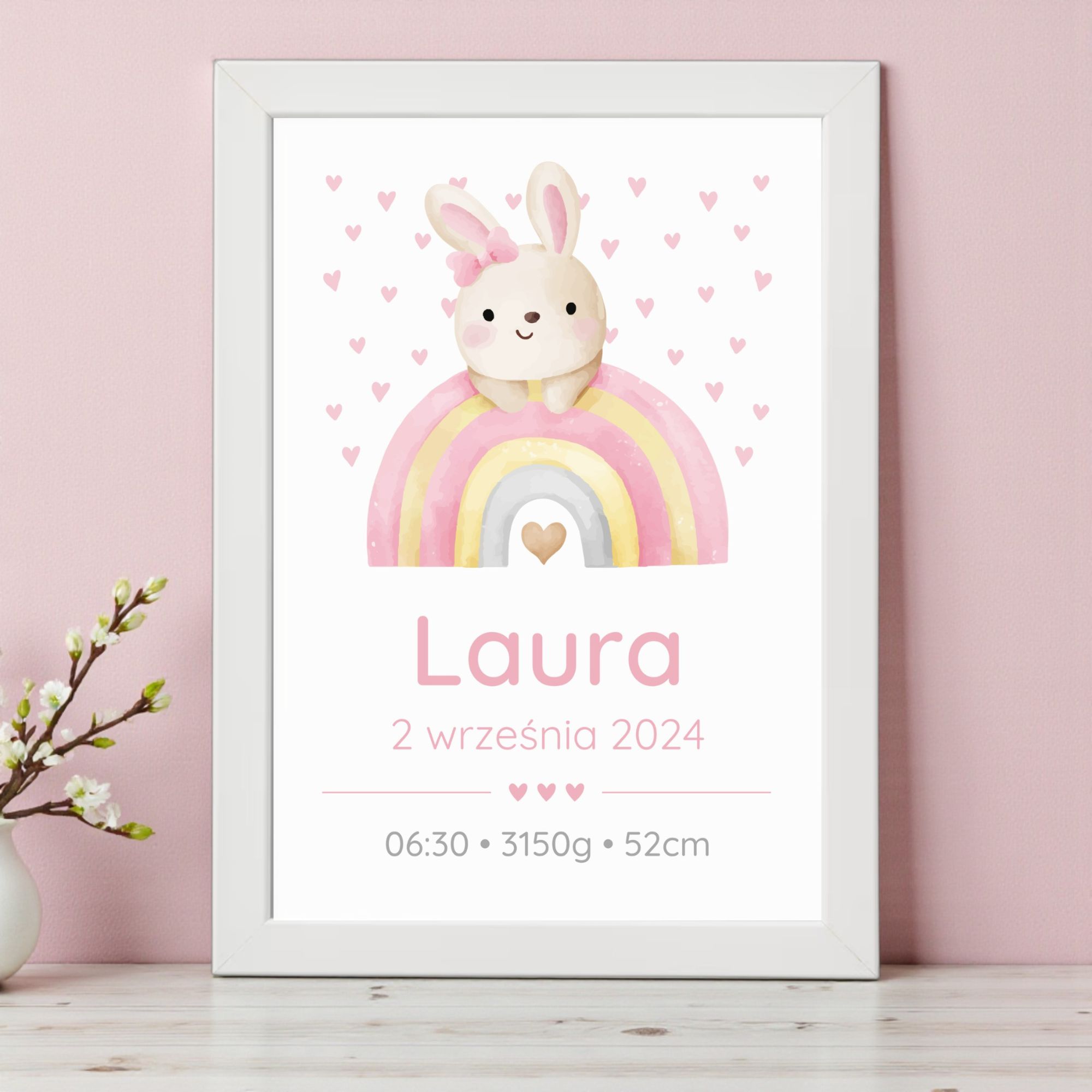 Metryczka dla Dziewczynki z Ramką – Króliczek i Tęcza - obrazek 3