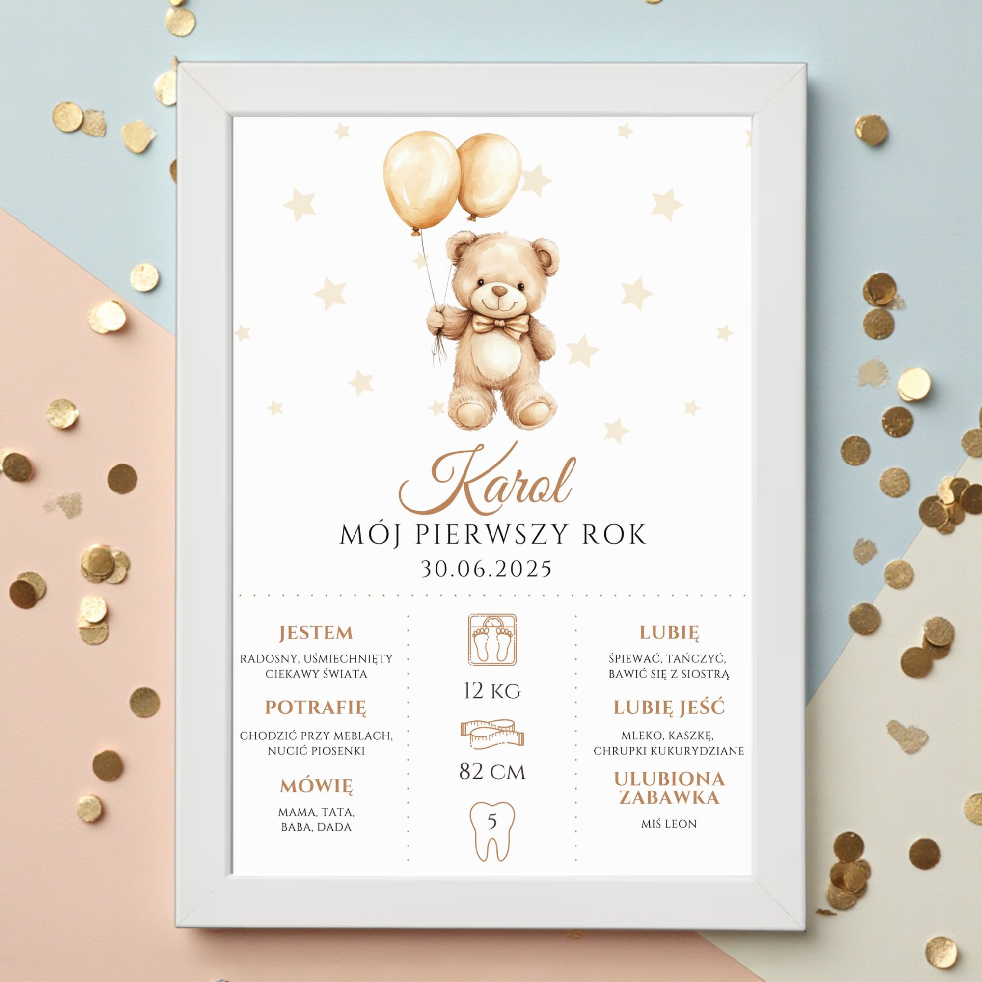 Plakat „MÓJ PIERWSZY ROK” A4 z Ramką - Beżowy Miś z Balonami - obrazek 2