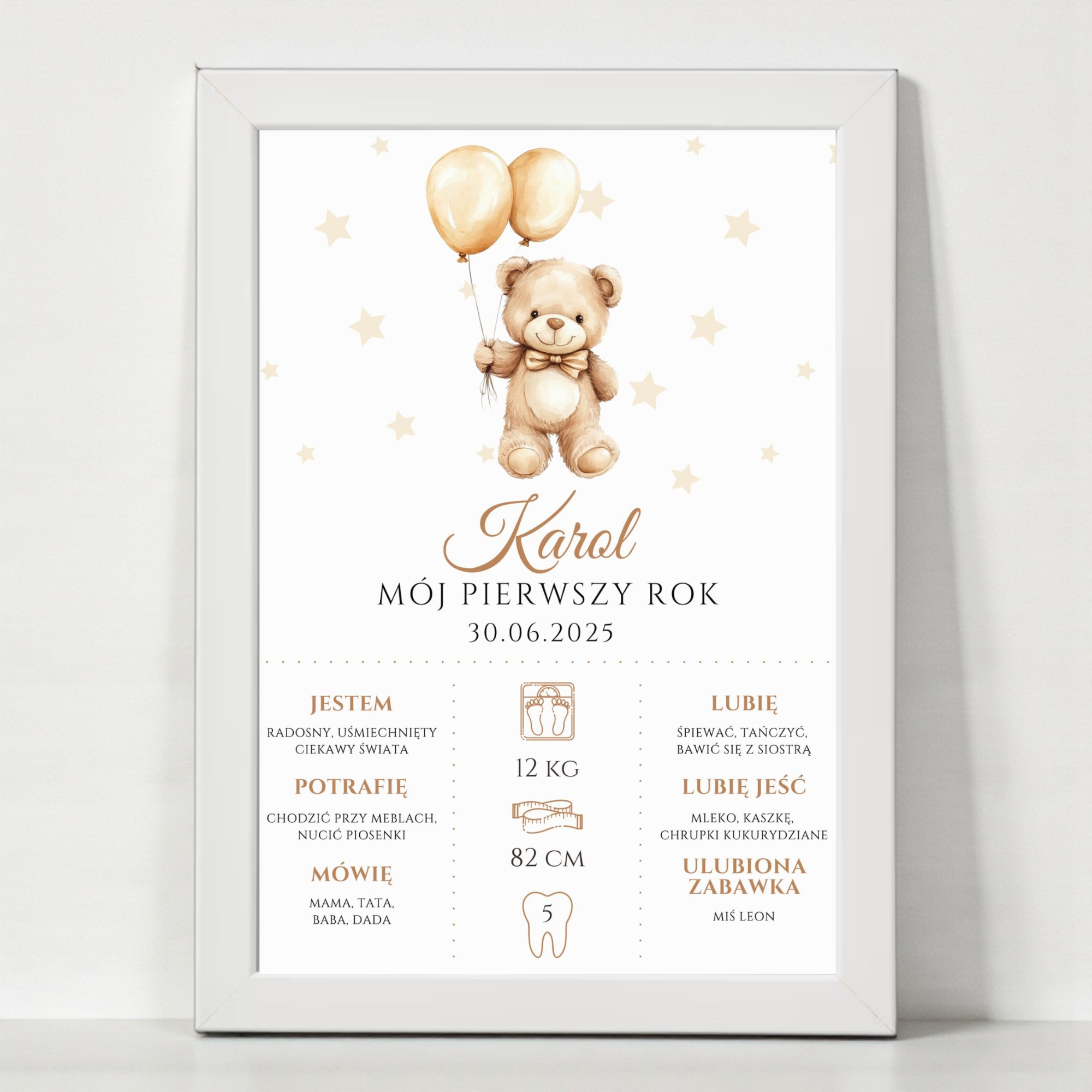 Plakat „MÓJ PIERWSZY ROK” A4 z Ramką - Beżowy Miś z Balonami - obrazek 3
