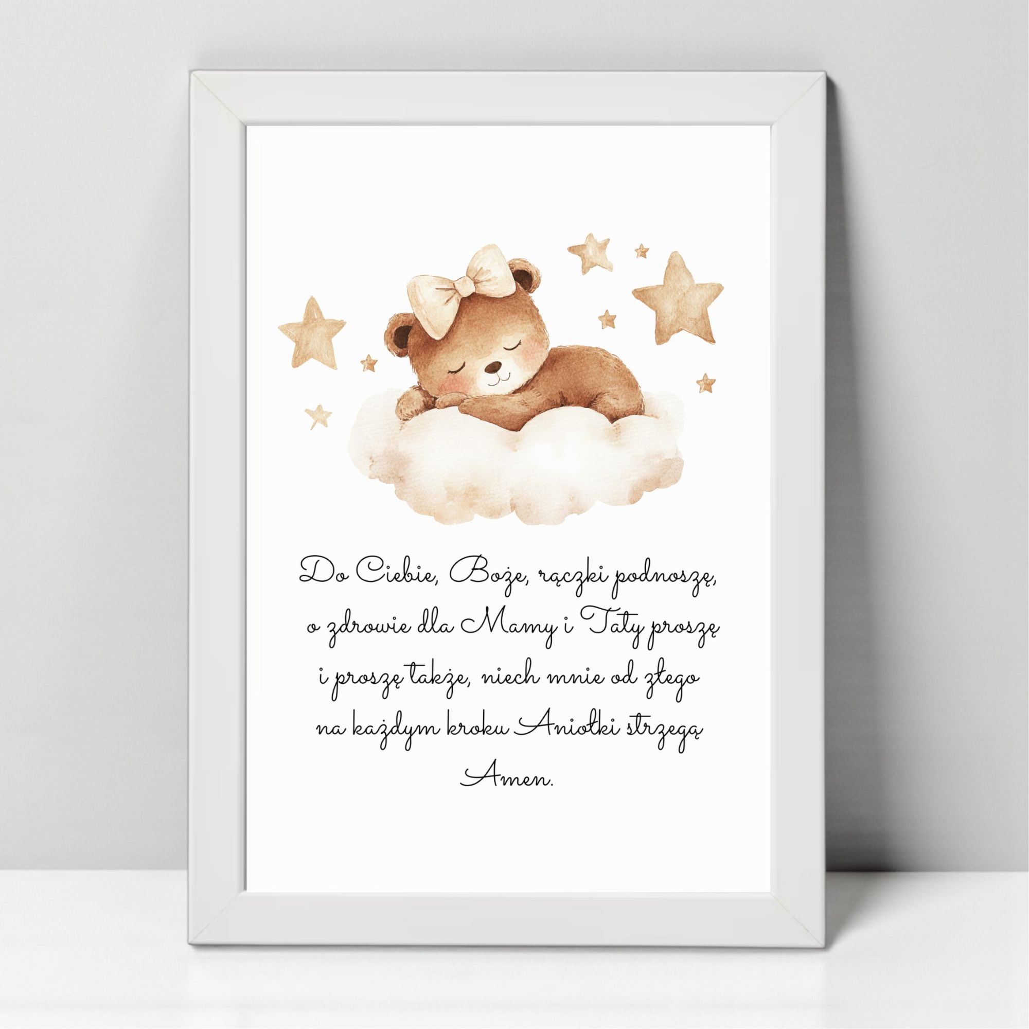 Plakat z Modlitwą „Aniele Boży” z Ramką – Miś na Chmurce Beżowy - obrazek 2