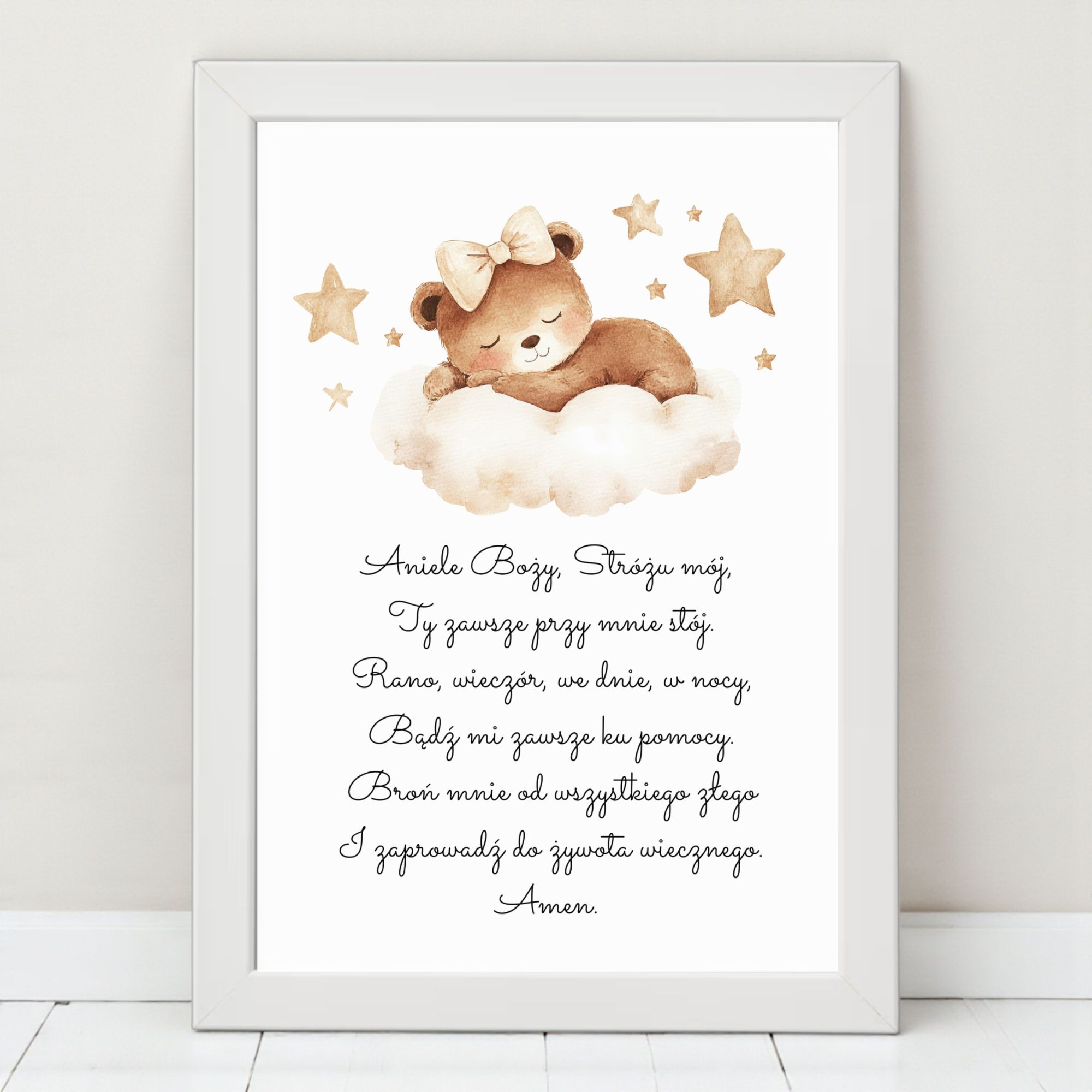 Plakat z Modlitwą „Aniele Boży” z Ramką – Miś na Chmurce Beżowy - obrazek 3