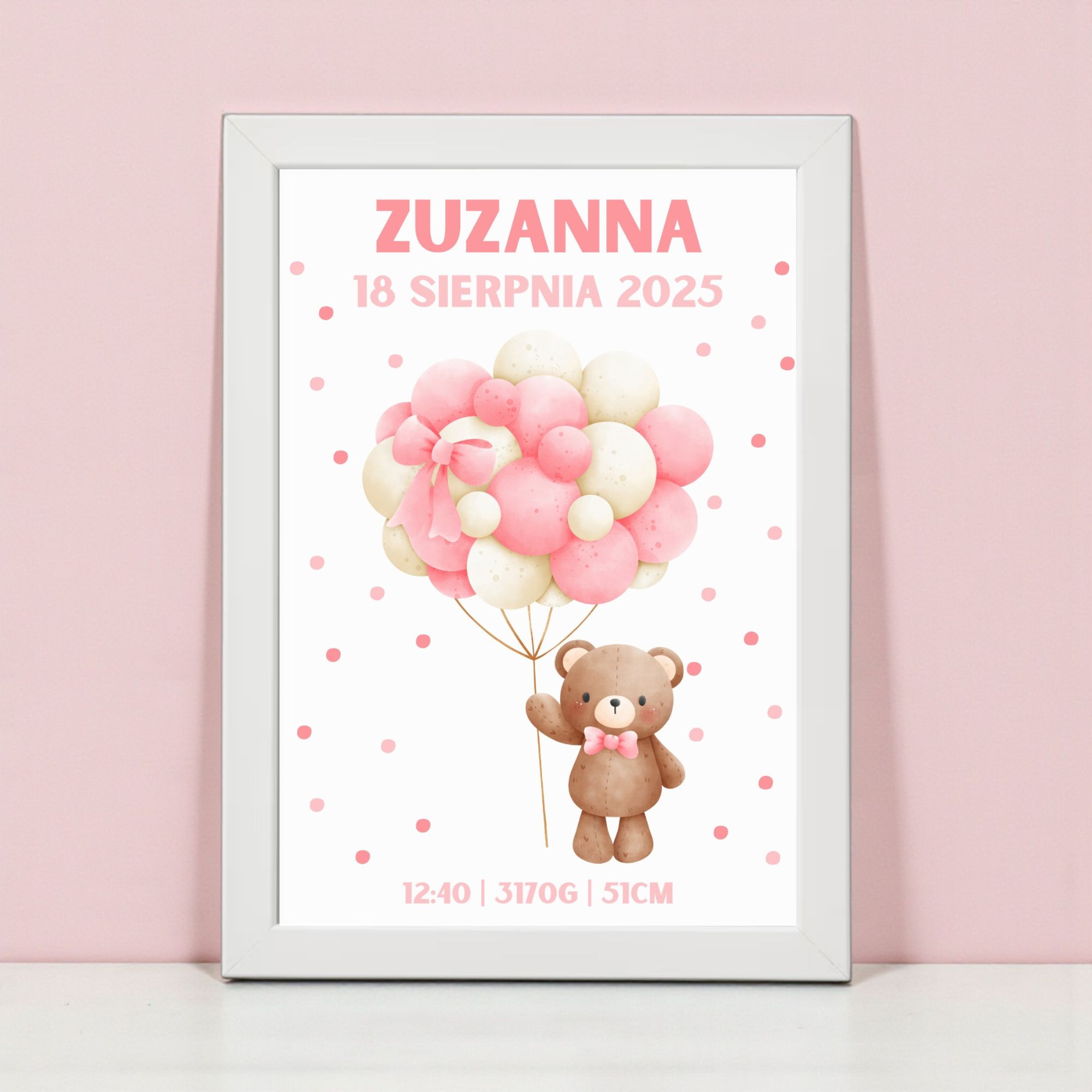 Metryczka dla Dziewczynki z Ramką – Miś z Balonami Kropeczki - obrazek 2