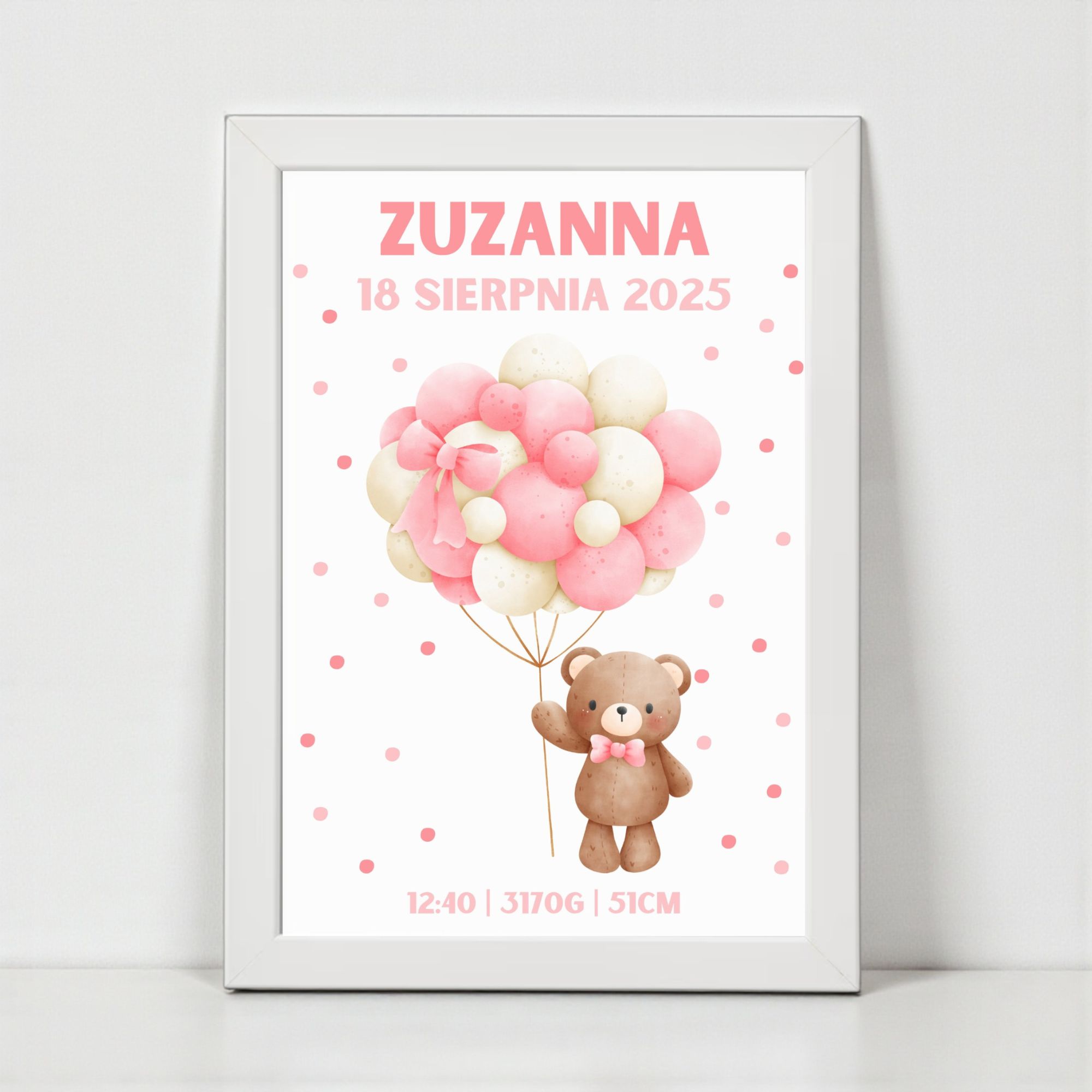 Metryczka dla Dziewczynki z Ramką – Miś z Balonami Kropeczki - obrazek 3