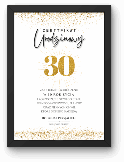 Certyfikat Urodzinowy A4 z Ramką – Dowolne Urodziny