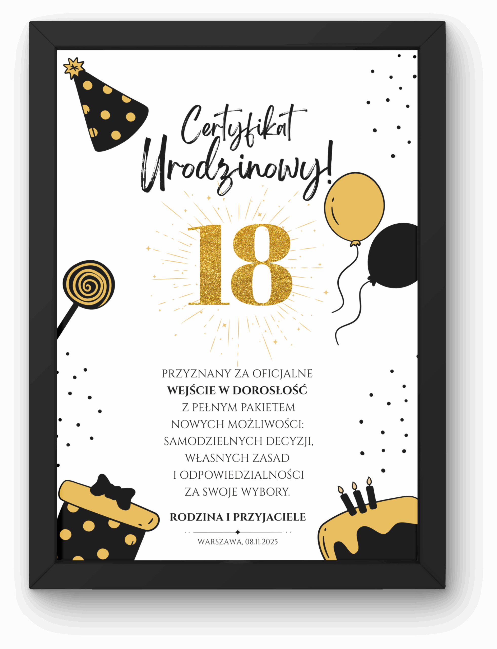 Certyfikat Urodzinowy A4 z Ramką – 18 Urodziny