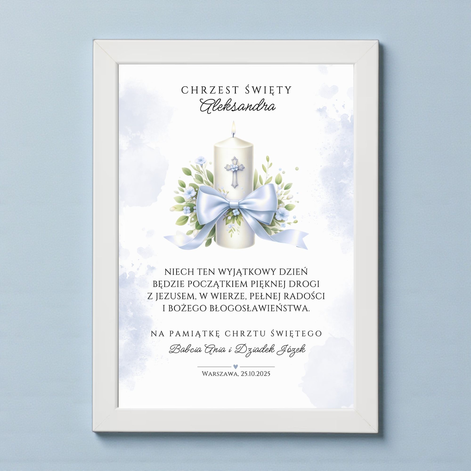 Pamiątka Chrztu Świętego A4 w Ramce – Niebieska Świeca - obrazek 4