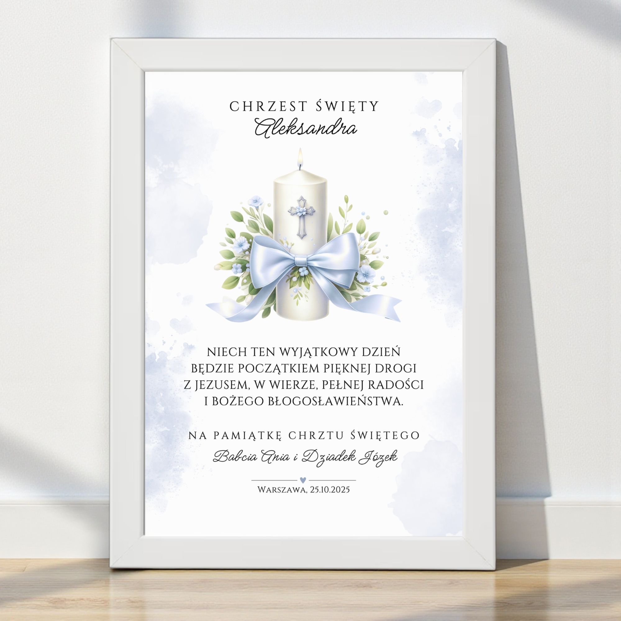 Pamiątka Chrztu Świętego A4 w Ramce – Niebieska Świeca - obrazek 3