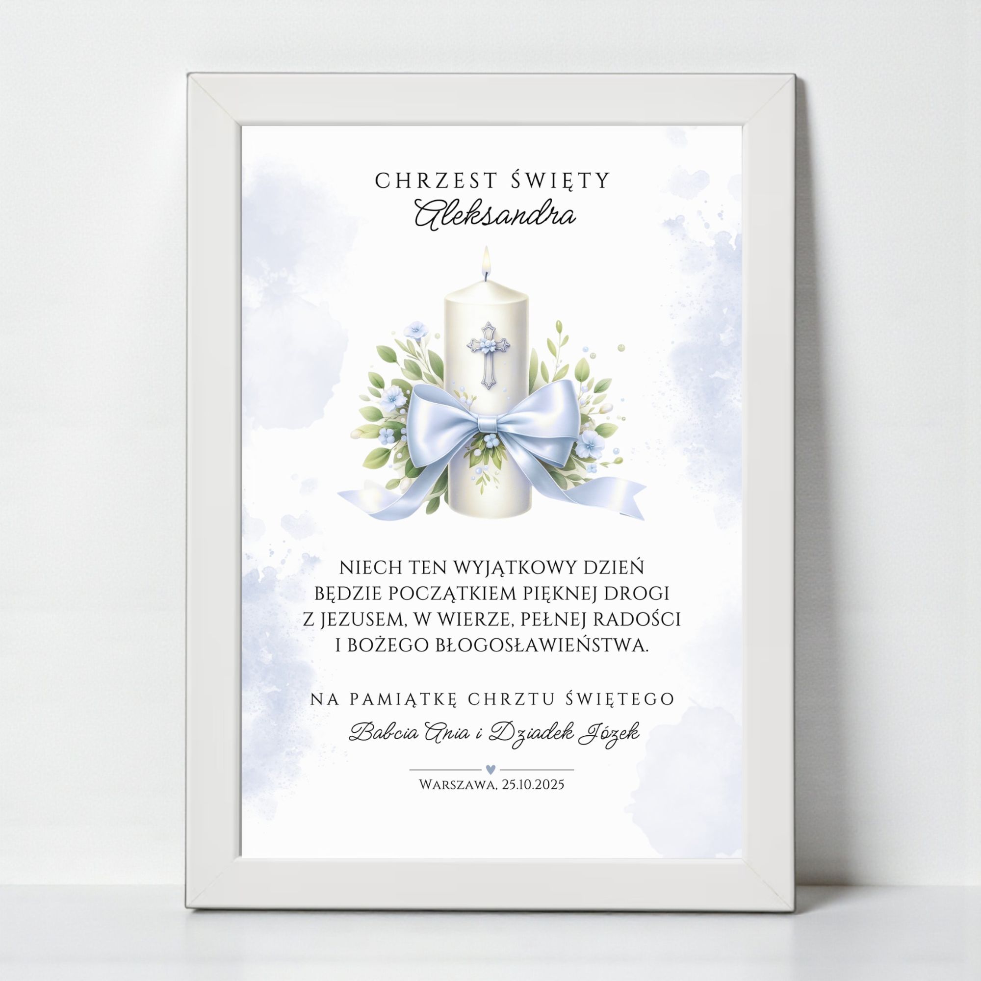 Pamiątka Chrztu Świętego A4 w Ramce – Niebieska Świeca - obrazek 2
