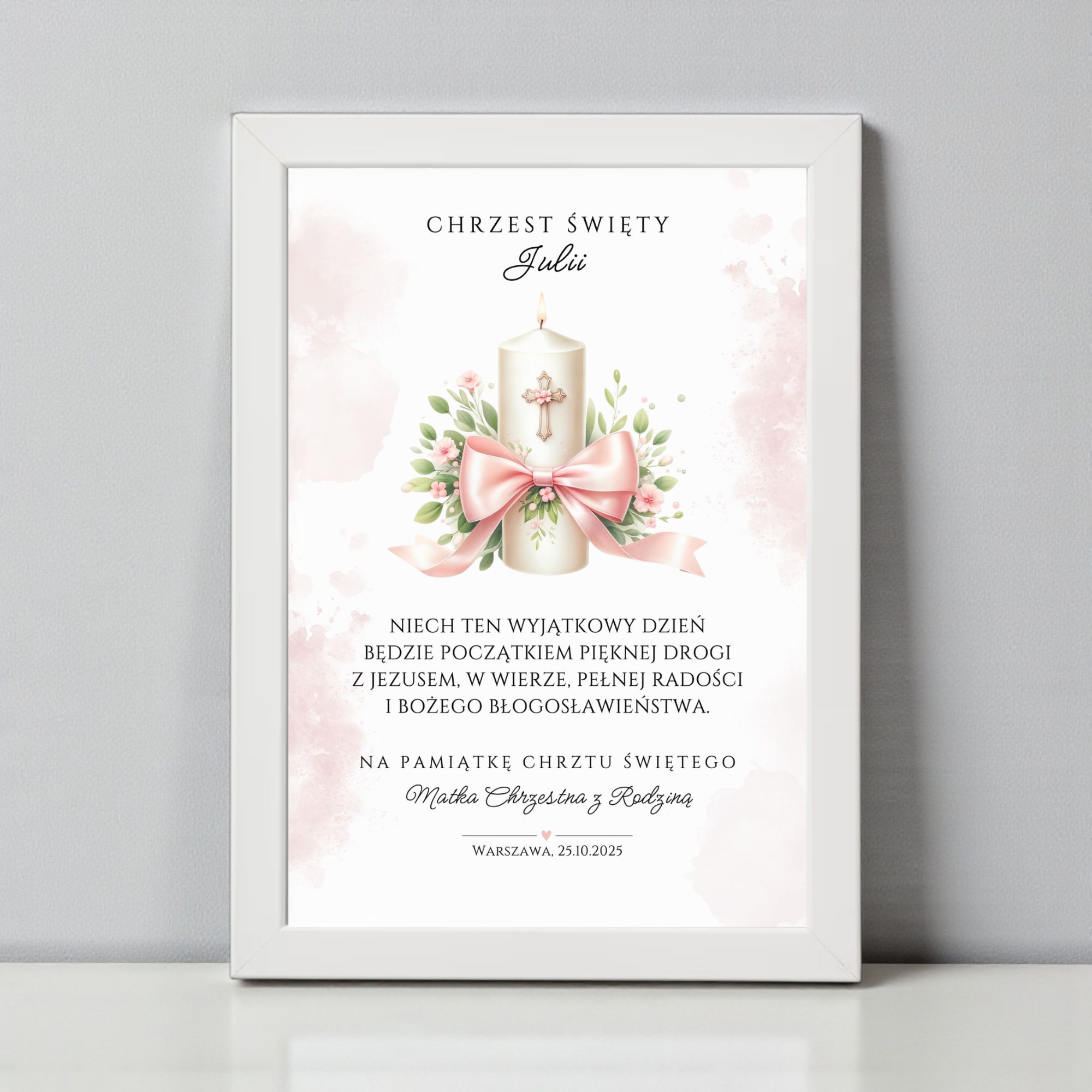 Pamiątka Chrztu Świętego A4 w Ramce – Różowa Świeca - obrazek 2