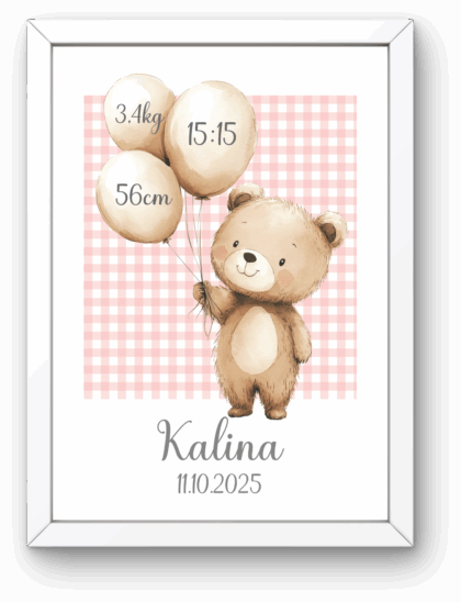 Metryczka dla Dziewczynki z Ramką – Miś z Balonami Różowa Kratka
