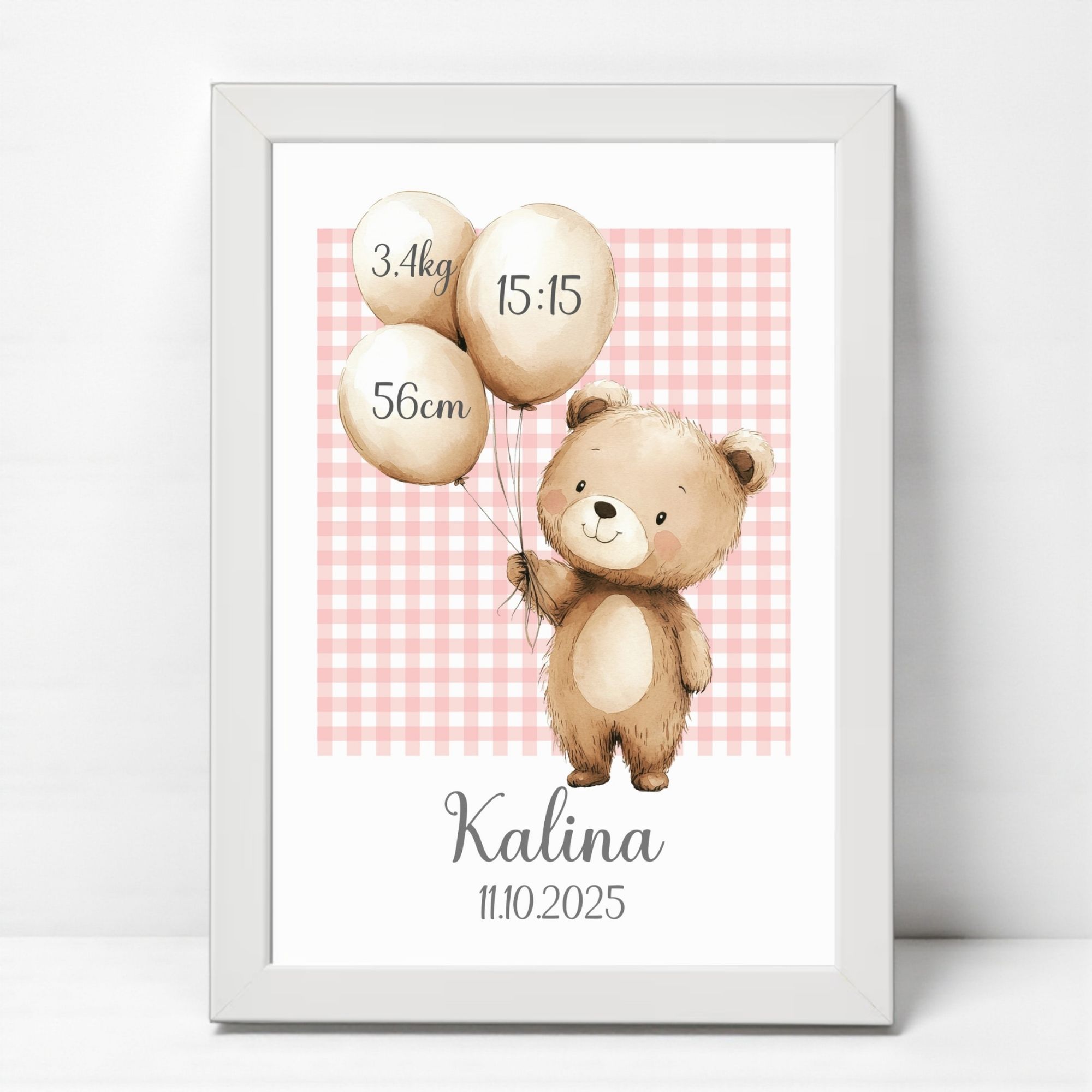 Metryczka dla Dziewczynki z Ramką – Miś z Balonami Różowa Kratka - obrazek 2