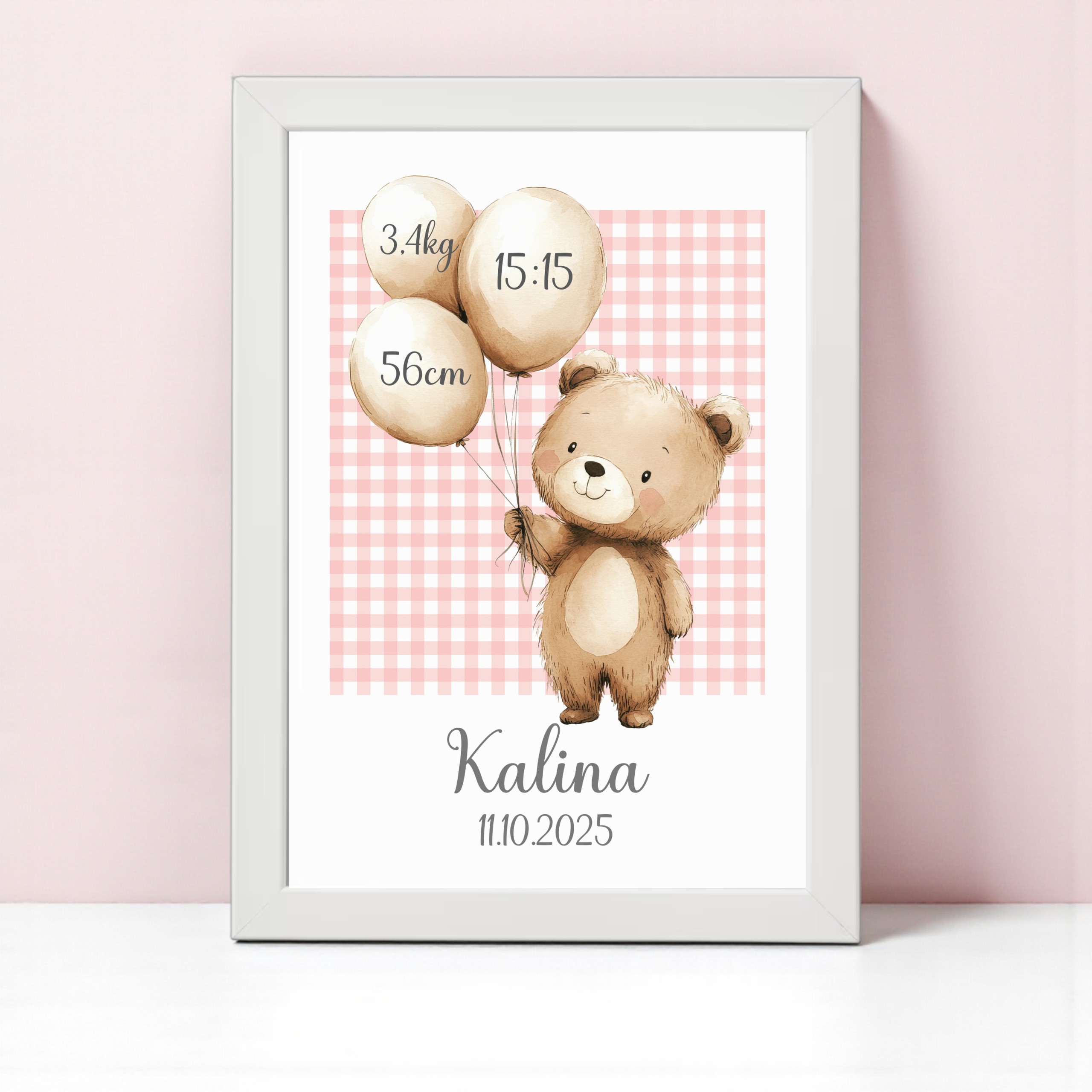 Metryczka dla Dziewczynki z Ramką – Miś z Balonami Różowa Kratka - obrazek 3