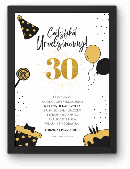 Certyfikat Urodzinowy A4 "Nowa Dekada" z Ramką – Dowolne Urodziny
