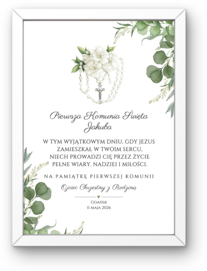 Pamiątka Pierwszej Komunii Świętej – Różaniec z Kwiatami - Obrazek z Ramką