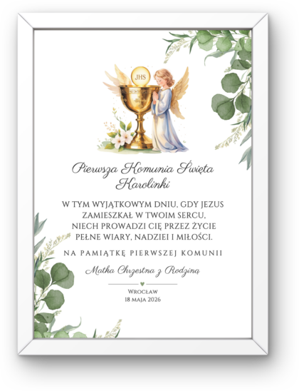 Pamiątka Pierwszej Komunii Świętej – Kielich i Anioł - Obrazek z Ramką