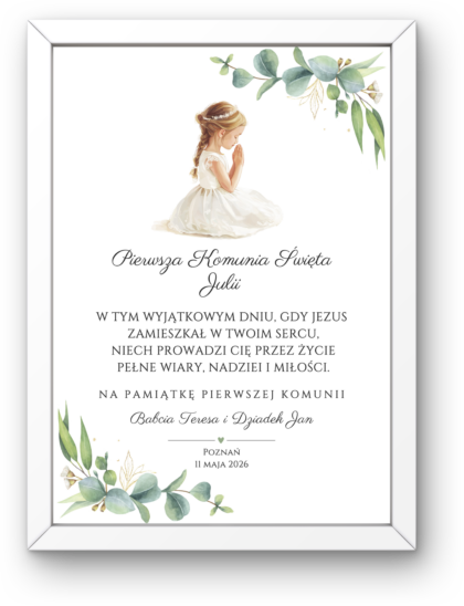 Pamiątka Pierwszej Komunii Świętej – Modlitwa Dziewczynka - Obrazek z Ramką