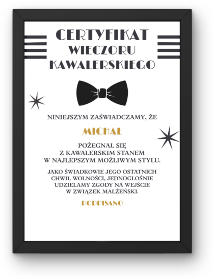 Certyfikat Wieczoru Kawalerskiego - Ramka z Podpisami