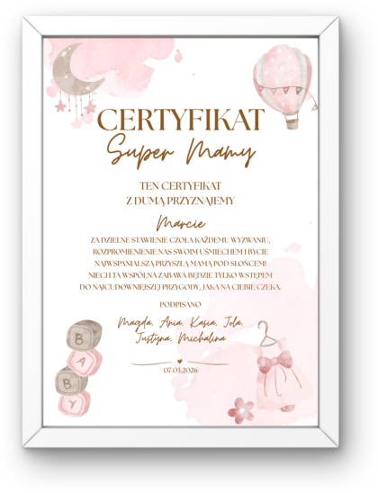 Certyfikat na Baby Shower - Personalizowana Pamiątka w Ramce